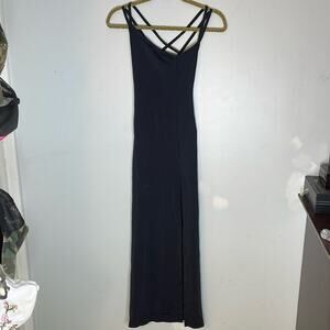 ARISE Shine of NY Black Nylon Blend Asymmetrical Neckline Strappy Dress